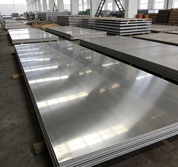 Stainless steel plates and sheets in a warehouse